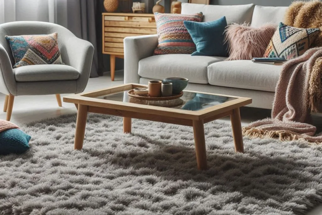 Sala de estar aconchegante para o inverno com tapete felpudo cinza decoração