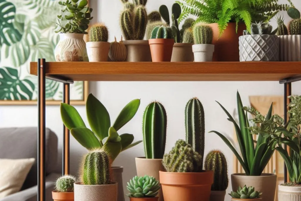 Prateleira com vasos de cactos, suculentas e samambaias