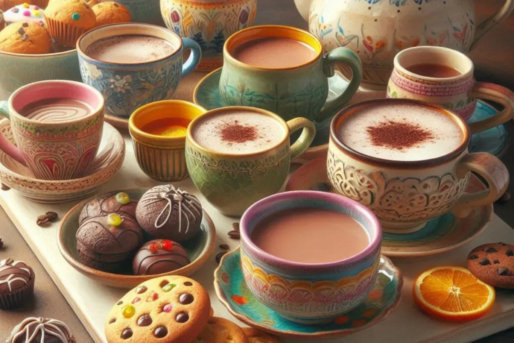 Mesa de café com xícaras e canecas