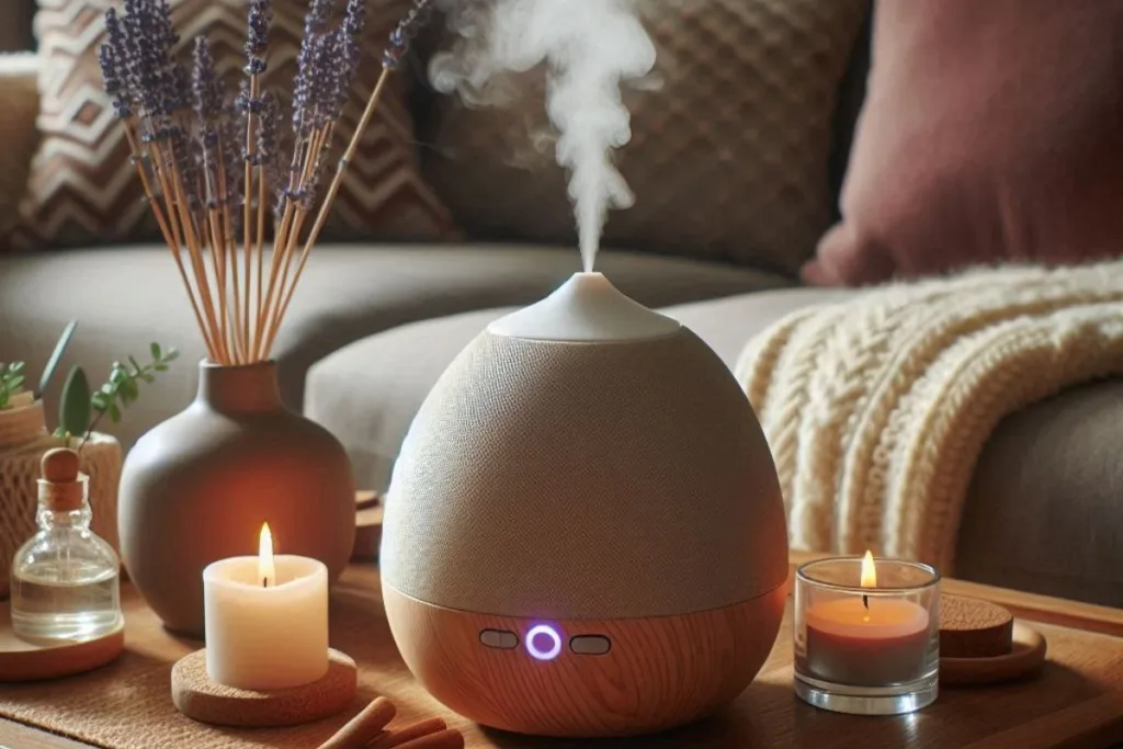 Difusor de óleos essenciais liberando aroma de lavanda